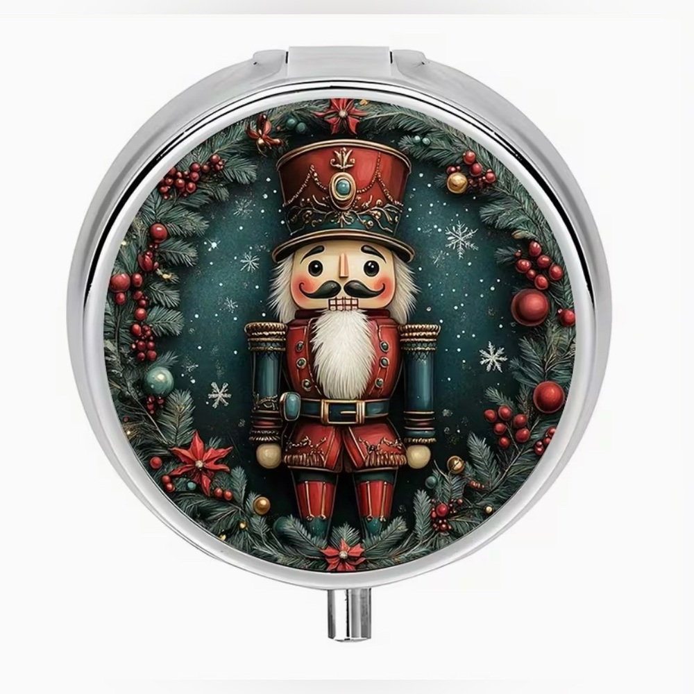Nutcracker Christmas Round Pill Organizer 3-Compartment Compact Pill Case New